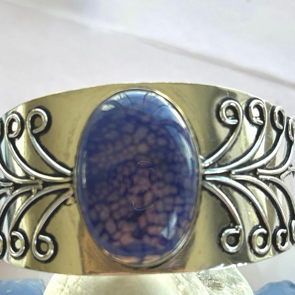 925 Sterling Blue Solar Agate Bangle Cuff Bracelet